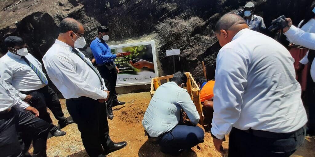 Surakimu Ganga Programme Technical Coordinator Dr. Manoj Prasanna from the Ministry of Environment planting a native fruit sapling at the launch of the initiative