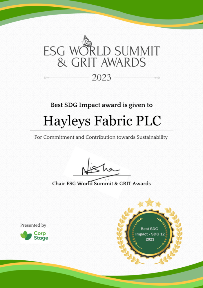 Hayleys Fabric recognised on global stage Awarded Best SDG Impact at ESG World Summit and GRIT Awards