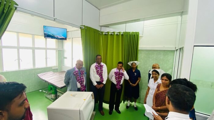 (From left) Hayleys Group Chairman and Chief Executive, Mohan Pandithage, Hayleys Executive Director Sarath Ganegoda and NHSL Deputy Director General (CEO) Dr. Kumara Wickremasinghe commemorating the opening of the new ward at the NHSL.