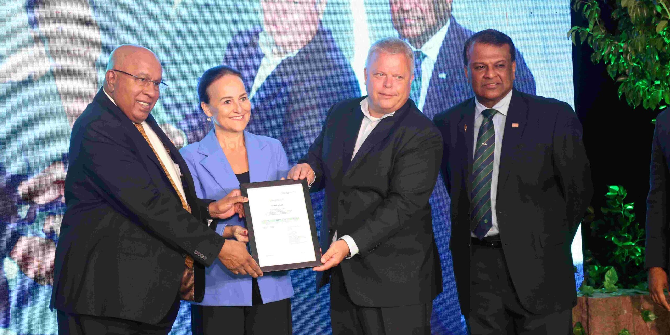 (From left) Hayleys Group Chairman and Chief Executive Mohan Pandithage, Ambassador of the Kingdom of the Netherlands to Sri Lanka and Maldives - HE Bonnie Horbach, Control Union Chairman for the Asia region and Board Member Dirk Teichert and Hayleys Plantations Sector Managing Director Dr. Roshan Rajadurai receiving the regenagri certificate.